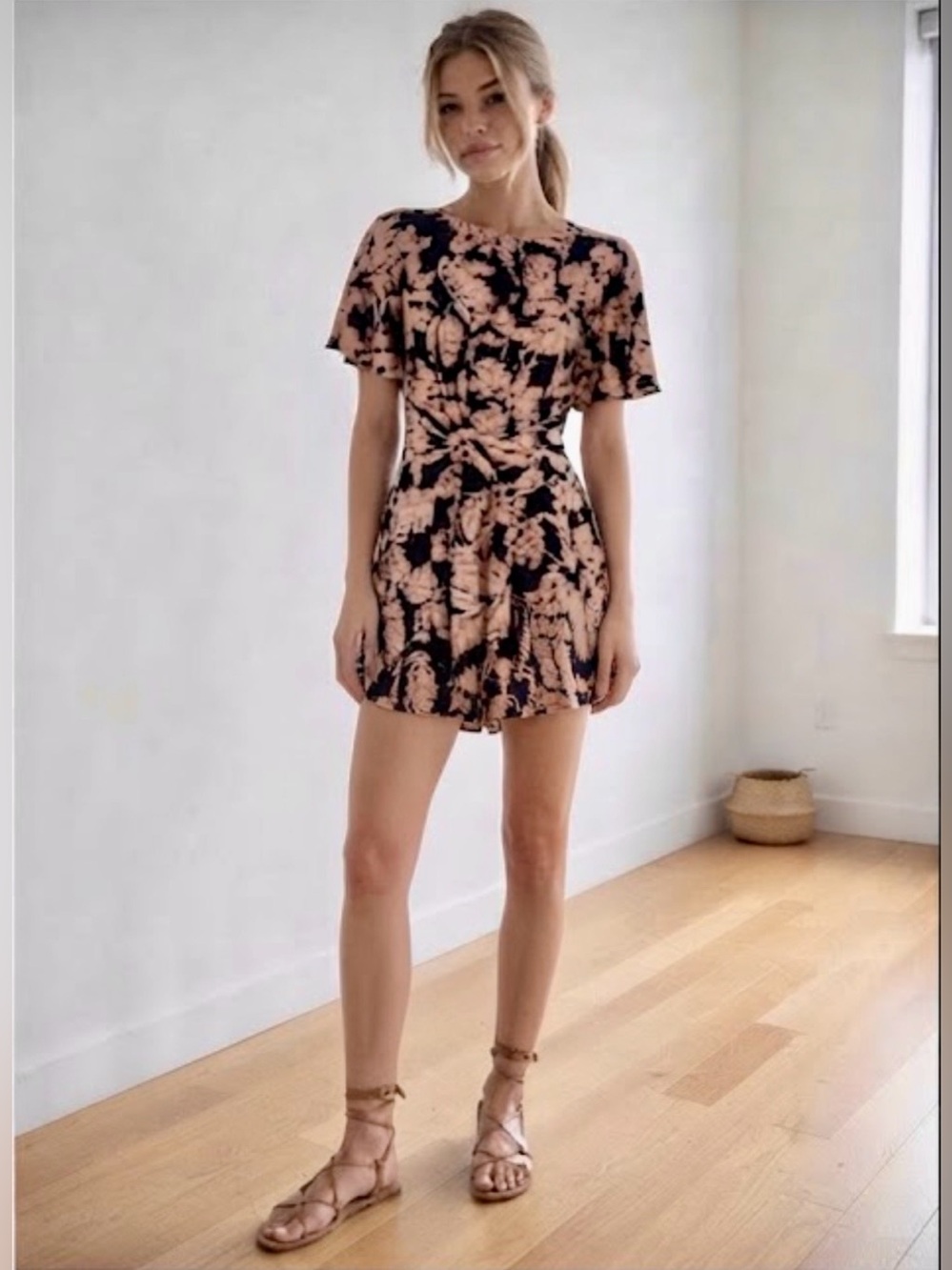 LOVER (of the Brand) Floral Tie-Waist Mini Dress in Black and Blush - size 4